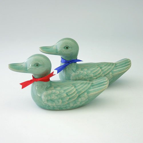 Celadon Glaze Mandarin Duck Figurine Design Green Korean Porcelain Ceramic Art Pottery Animal Kitchen Home Decor Decorative Set
