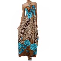 Rose and Zebra Graphic Print Beaded Halter Smocked Bodice Maxi / Long Dress