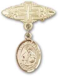 14kt Gold Baby Badge with St. Albert the Great Charm and Badge Pin with Cross. Catholic Saint Albert the Great Is the Patron Saint of Scientists & Philosophers.