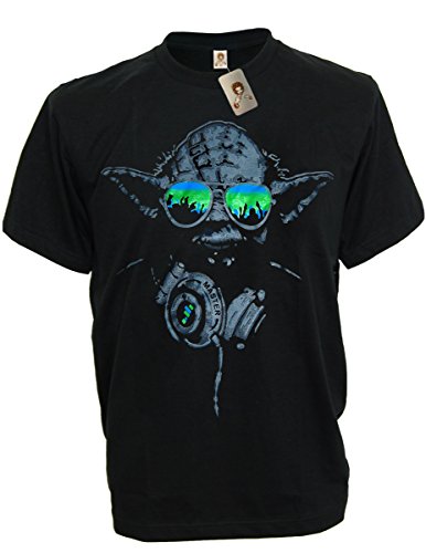 SODAtees DJ Yoda @ turntables Club Men's T-Shirt headphones Star Wars Music Green Shades - Black - Large