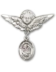 Sterling Silver Baby Badge with St. Catherine of Siena Charm and Angel W/wings Badge Pin. Catholic Saint Catherine of Siena Patron Saint of Fire Prevention, Italy, Artists, Nursing Services & Nurses, Philosophers, Secretaries