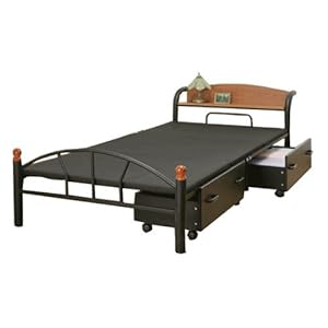 【クリックで詳細表示】【ベッド セミダブル】 木製棚付き 引き出し付き パイプベッド セミダブル ブラック