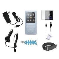 8 Items Accessory Combo Kit for Sony Walkman E Series Walkman: Includes Clear/White Silicone Case, Armband, Belt Clip, LCD Screen Protector, Wall Charger, Car Charger, 2in1 USB Data Cable and Light Blue Fishbone Style Keychain