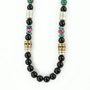 Southwestern Black Onyx Gemstone Bead, Sterling Silver and Gold 30" Necklace by Native American Artist Tommy Singer, #7684