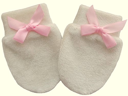 Organic Cotton / Bamboo Velour Newborn Baby Anti Scratch Mittens Handmade (0-3 Months, Cream/ Pink Bow)
