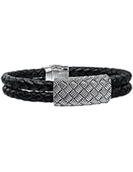 J.Goodman Sterling Silver Black Leather Bracelet with basket weave element