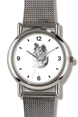 SHETLAND SHEEPDOG DOG (MS) - WATCHBUDDY® ELITE Chrome-Plated Metal Alloy Watch with Metal Mesh Strap - Large Size (Men's or Jumbo Women's Size)