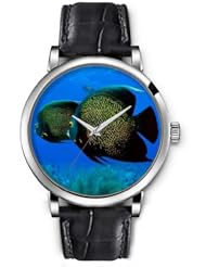 SPRAWL Aanalog Fashion Series Silver Ladies Watches of Genuine Black Leather Strap,Unique Wrist Watch for Women Girls Designed with Fish under the sea