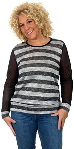 Women's Plus Size Striped Fashion Top with Sheer Long Sleeves (1X, Black-Gray)