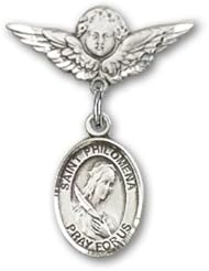 Sterling Silver Baby Badge with St. Philomena Charm and Angel with Wings Badge Pin