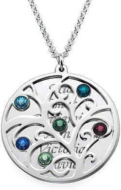 Sterling Silver Filigree Family Tree Birthstone Pendant Necklace - Custom Made with Any Name! (20 Inches, 4 inscriptions - 4 birthstones)