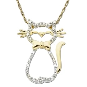 14k Yellow Gold Diamond Cat Pendant (.03 cttw, I-J Color, I2-I3 Clarity), 18"