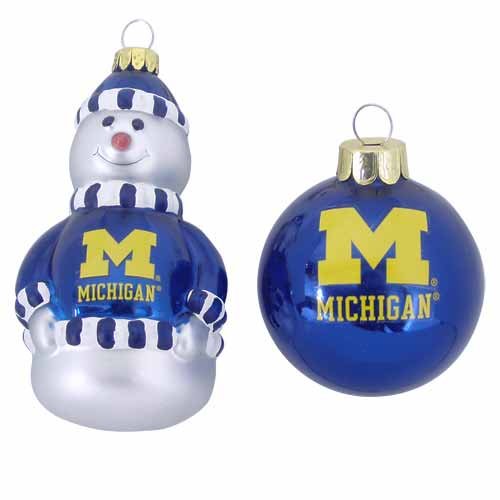 University of Michigan Wolverines Snowman and Ball Mini Blown Glass Ornaments