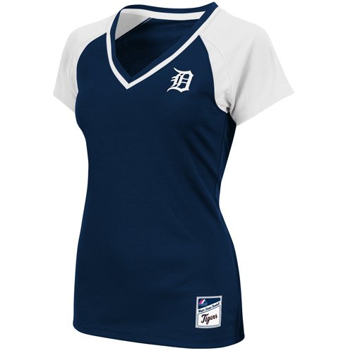 MLB Detroit Tigers Women's Short Sleeve Raglan Deep V-Nk Synthetic Tee (Athletic Navy/White/White, X-Large)