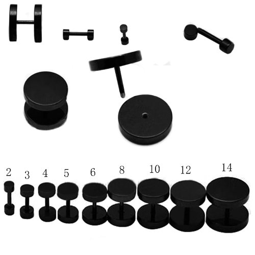 Uherebuy Jewelry Stainless Steel Men's Punk Unisex Round Barbell Stud Earrings Set, 2pcs, Black, (3-14mm)