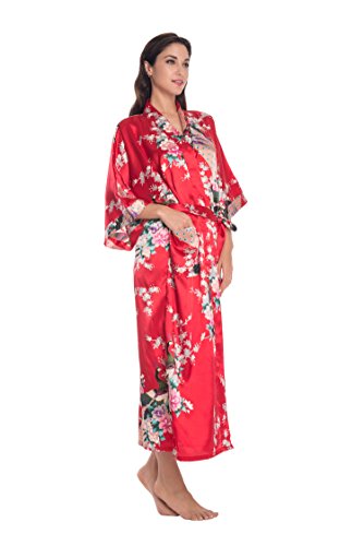 KimonoDeals Women s Soft Kimono Robe,with Pockets-Red, Peacock & Plum Blossom,Long