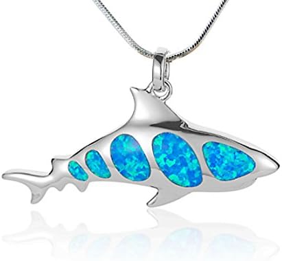 Heavy Weight 18" Hawaiian Sterling Silver and Blue Opal Shark Necklace