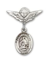 Sterling Silver Baby Badge with St. Charles Borromeo Charm and Angel W/wings Badge Pin. Catholic Saint Charles Borromeo Patron Saint of Catechists, Seminarians