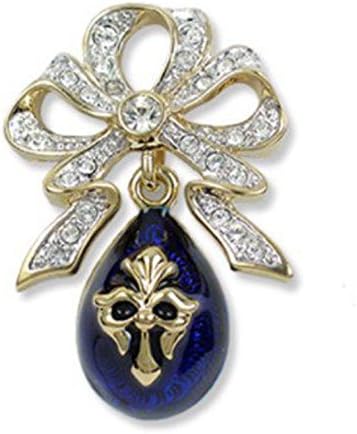 Gold Finish Bejeweled Cobalt Blue Faberge Style Fleur De Lis Dangling Egg Bow Brooch Museum Jewelry