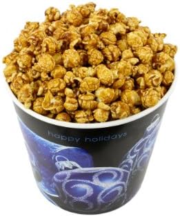 Signature Popcorn1-Gallon Happy Holidays Blue Ornament Reusable Plastic Tin - Gourmet Caramel Popcorn