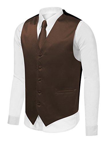 Azzurro Men's Dress Vest Set Neck Tie, Hanky for Suit or Tuxedo Brown M