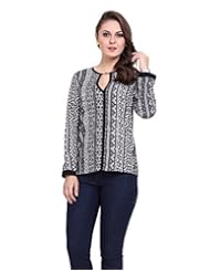 Apparel: DeDes Womens Geometric Print Golden Button Over Neck Top Large Black and White CASUAL LADIES TOP BLOUSE FULL SLEEVE ELEGANT PARTY TOP KEYHOLE ROUND NECK