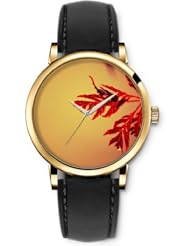 SPRAWL Aanalog Fashion Series Gold Ladies Watches of Genuine Black Leather Strap,Unique Wrist Watch for Women Girls Designed with orange leaves