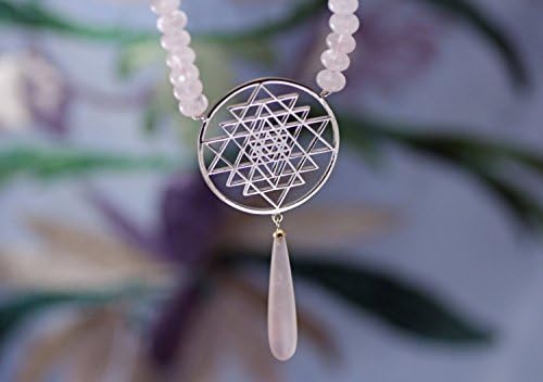 Rose quartz silver necklace with sri yantra.One-of-a-kind