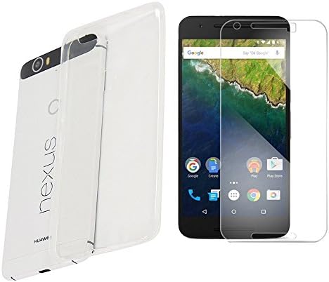 Ecopac Premium Soft Flexible Rubber Skin TPU Case Gel Cover with Clear Tempered Glass Screen Protector Protection Kit for Huawei Nexus 6P (Transparent)