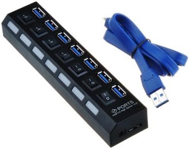 VicTec 7 Port USB 3.0 Hub with Individual Power Switches and LEDs - Black