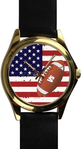Cool American Football On Vintage American Flag Gold-tone Round Metal Watch