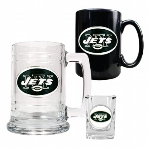 NFL New York Jets 15-Ounce Tankard, 15-Ounce Ceramic Mug & 2-Ounce Shot Glass Set - Primary Logo