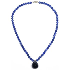 14k Yellow Gold 6mm Lapis Lazuli Bead and Black Onyx Drop Pendant, 17" by 