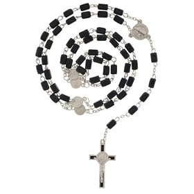 St. Benedict Black Rectangular Beaded Rosary - 26in. Rosary Necklace Length - 31in. Overall Length