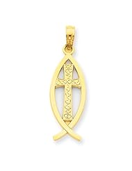 14k Yellow Gold Cross & Fish Die Struck Religious Pendant
