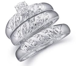 Size - 6.5 - 10k White Gold Mens and Ladies Couple His and Hers Trio 3 Three Ring Bridal Matching Engagement Wedding Ring Band Set - Round Diamonds - Solitaire Center Setting (.07 cttw, H Color, I1 Clarity)