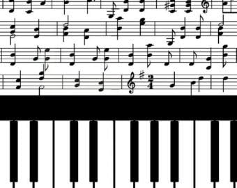 "Let There Be Music" 100% Cotton Black & White Piano Keyboard & Music Staff Fabric (Great for Quilting, Sewing, Craft Projects, Throw Pillows & More) 1/2 Yard x 44"