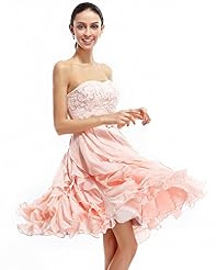 A-line Strapless Chiffon Natural   Waistline Sweetheart Lace  Beaded Knee Length Short  Dress With Ruffles