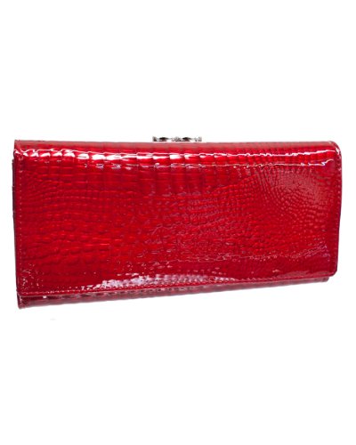 Red Color Glossy Embossed Faux Croc Clutch Wallet Leather Interior