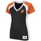 MLB Women's Baltimore Orioles Opal Short Sleeve Raglan Deep V-Neck Synthetic Tee (Black/Dark Orange/White/Dark Orange, Medium)