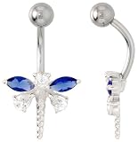 Dragonfly Belly Button Ring with Blue Sapphire Cubic Zirconia on Sterling Silver Setting