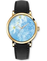 SPRAWL Aanalog Fashion Series Gold Ladies Watches of Genuine Black Leather Strap,Unique Wrist Watch for Women Girls Designed with White flowers in water drops