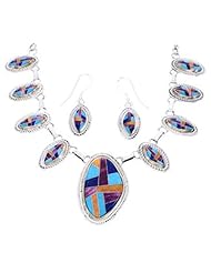 Sterling Silver Multicolor Inlay Link Necklace Earrings Set PS71234