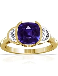 14K Yellow Gold Cushion Cut Purple Sapphire Three Stone Ring