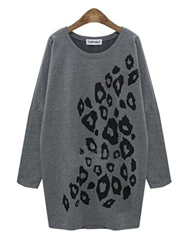 カットソー Tシャツ ラウンドネック 大きい サイズ 有 ヒョウ 柄 プリント 長 袖 トップス チュニック シンプル アニマル 豹 灰 (オリジナル・ブレスレットとサシェセット)