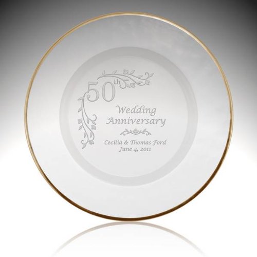 Personalized Glass Floral 50th Anniversary Plate with Gold Rim