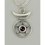 Sterling Silver Pentacle with Moon Pendant Accented with Genuine Garnet, Othe...