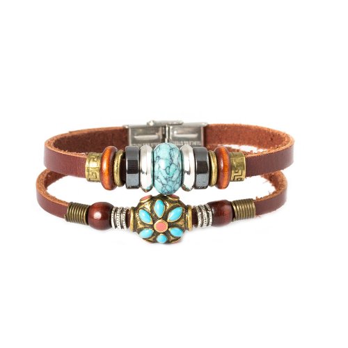 Fashion Plaza Tibet Hand Crafted Coral Bead & Simulated Calaite Bead Leather Bracelet -19cm- L10