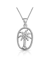 Bling Jewelry Pave CZ Palm Tree 925 Sterling Necklace Oval Rope Frame 16in