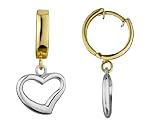 Two Tone Huggie Earrings with Dangling Hearts in Yellow and White Gold